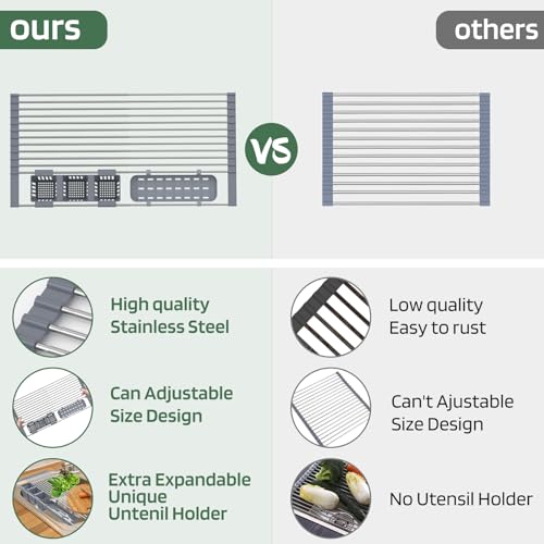 BBXTYLY Expandable Roll Up Dish Drying Rack Up to 22.8''with 2 Storage Baskets,Over The Sink Kitchen Rolling up Dish Drainer Drying Rack, Foldable,Rollable,for Kitchen Dishes(Expandable Width Size) - Image 4