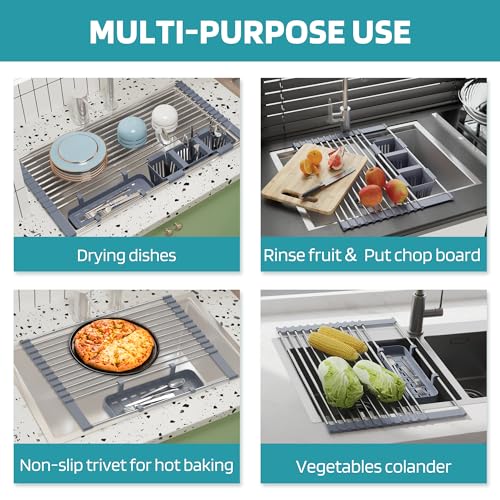 BBXTYLY Expandable Roll Up Dish Drying Rack Up to 22.8''with 2 Storage Baskets,Over The Sink Kitchen Rolling up Dish Drainer Drying Rack, Foldable,Rollable,for Kitchen Dishes(Expandable Width Size) - Image 5