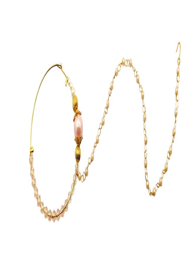 SUN SHINE Traditional Pearl Nose Ring with Gold-Toned Accents, Pink Crystal Beads - Image 1