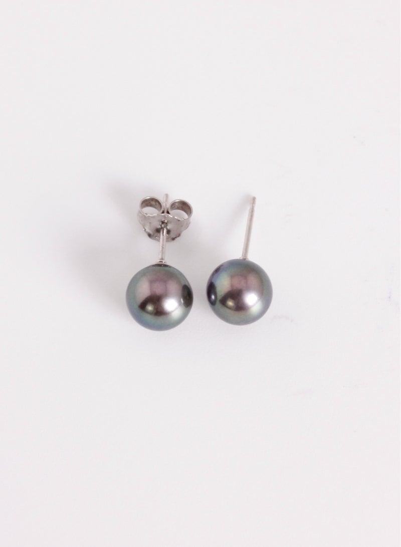 MIKURA Earrings, Freshwater Pearls, A Quality, Treated Black Color, 7.5-7.0MM, 925 Silver  - Image 1