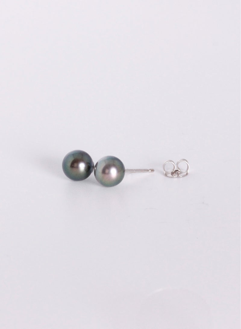 MIKURA Earrings, Freshwater Pearls, A Quality, Treated Black Color, 7.5-7.0MM, 925 Silver  - Image 2