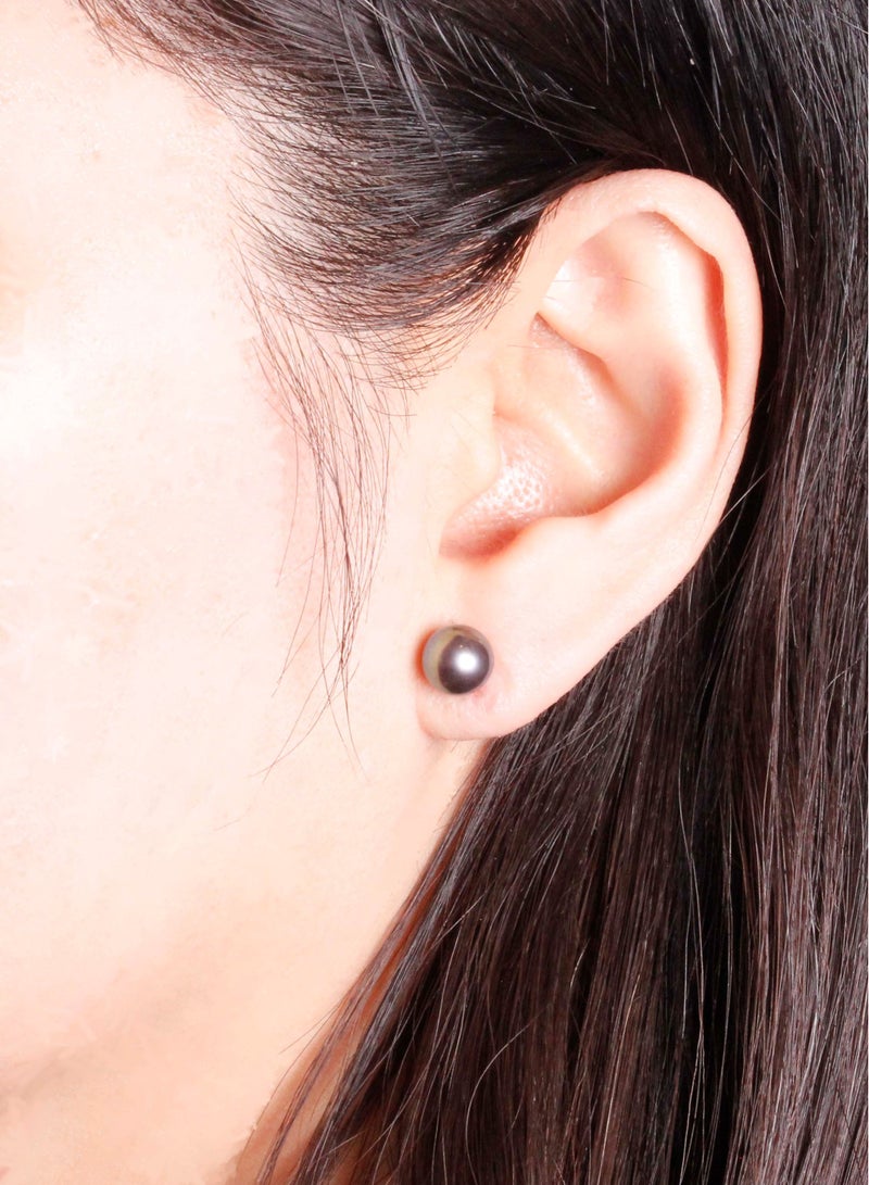 MIKURA Earrings, Freshwater Pearls, A Quality, Treated Black Color, 7.5-7.0MM, 925 Silver  - Image 4