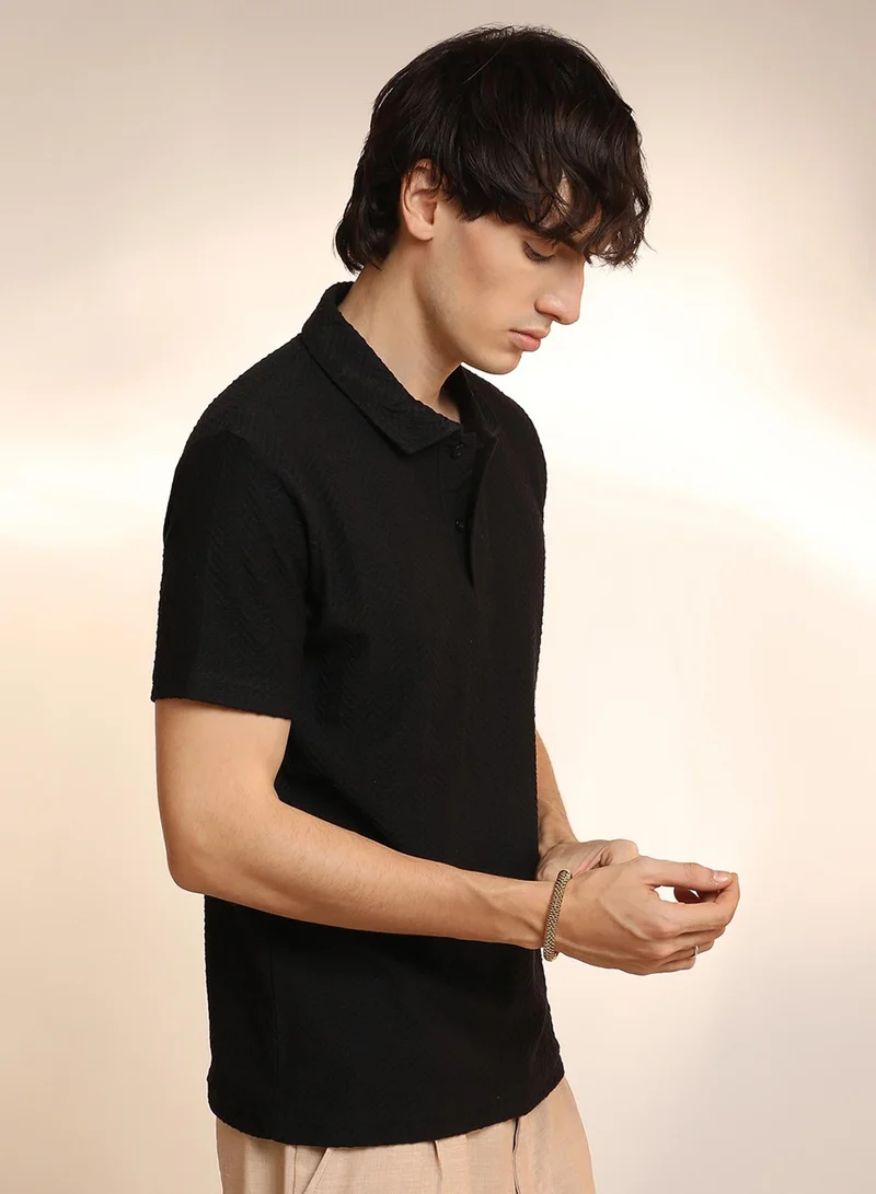Campus Sutra Men's Onyx Black Chevron Polo T-Shirt