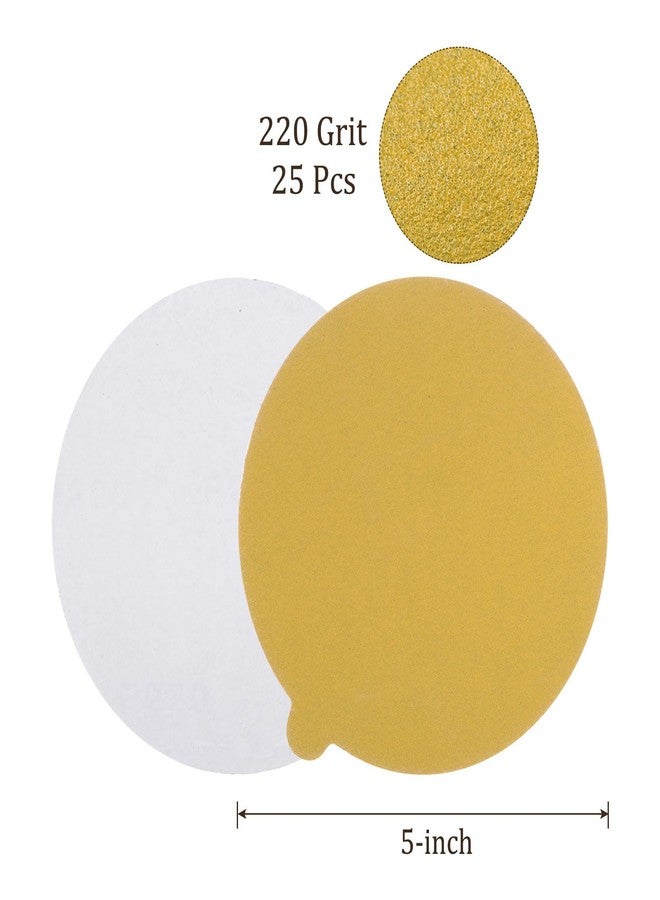 Kozelo 25pcs PSA Sanding Discs - [5 Inch x 220 Grit] Non-Hole Self Adhesive Sticky-Back Gold Sandpaper Discs with Tab for Automotive Car Paint Use, Aluminum Oxide, Round - Image 2