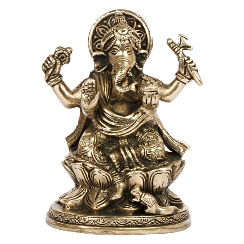 ARTVARKO Brass Ganesha Sitting on Lotus Ganesh Ganpati Murti Metal Statue for Home Office Entrance Decor Diwali Pooja 5 Inches - Image 2