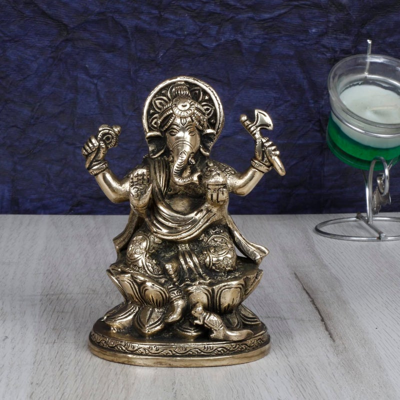 ARTVARKO Brass Ganesha Sitting on Lotus Ganesh Ganpati Murti Metal Statue for Home Office Entrance Decor Diwali Pooja 5 Inches - Image 1