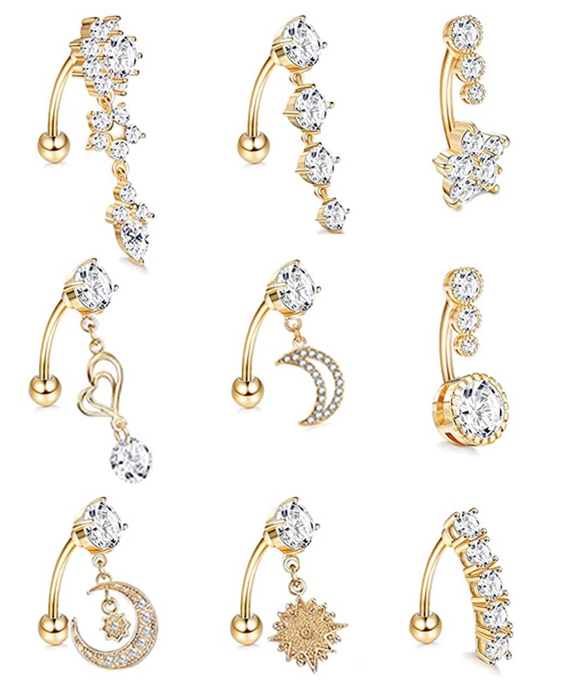 Masedy 9Pcs 14G Stainless Steel Dangle Belly Rings for Women Reverse Navel Rings Curved Barbell Body Piercing Jewelry Gold - Image 1