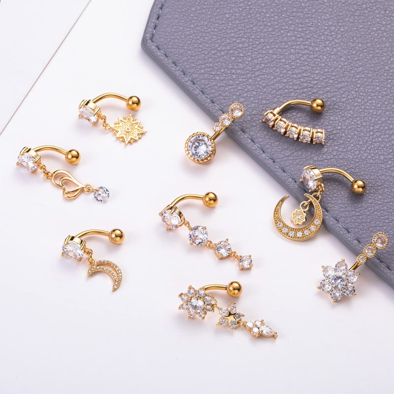 Masedy 9Pcs 14G Stainless Steel Dangle Belly Rings for Women Reverse Navel Rings Curved Barbell Body Piercing Jewelry Gold - Image 3