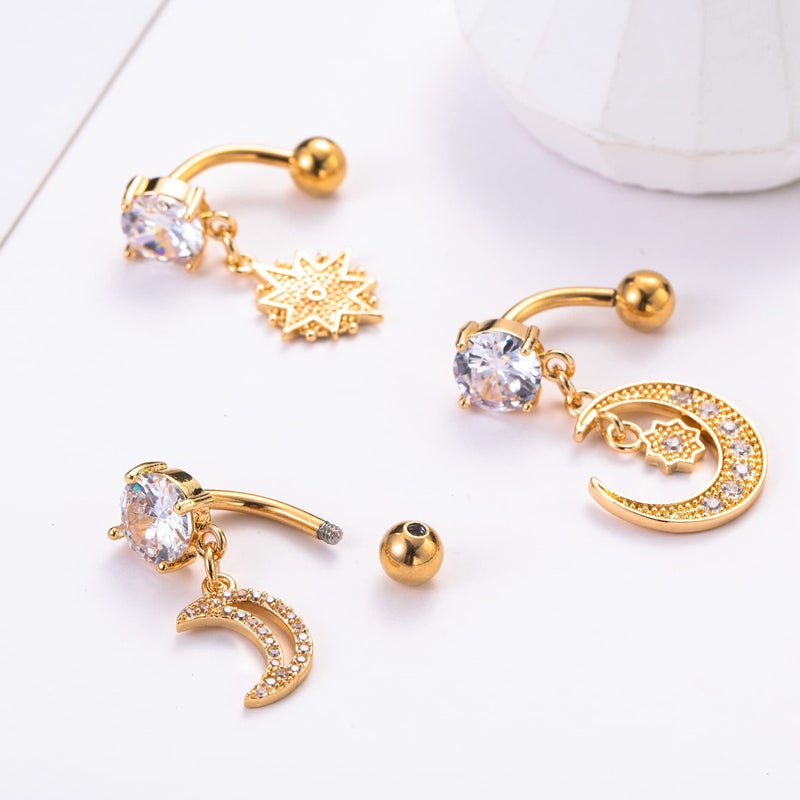 Masedy 9Pcs 14G Stainless Steel Dangle Belly Rings for Women Reverse Navel Rings Curved Barbell Body Piercing Jewelry Gold - Image 4