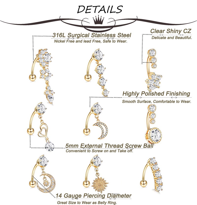 Masedy 9Pcs 14G Stainless Steel Dangle Belly Rings for Women Reverse Navel Rings Curved Barbell Body Piercing Jewelry Gold - Image 5