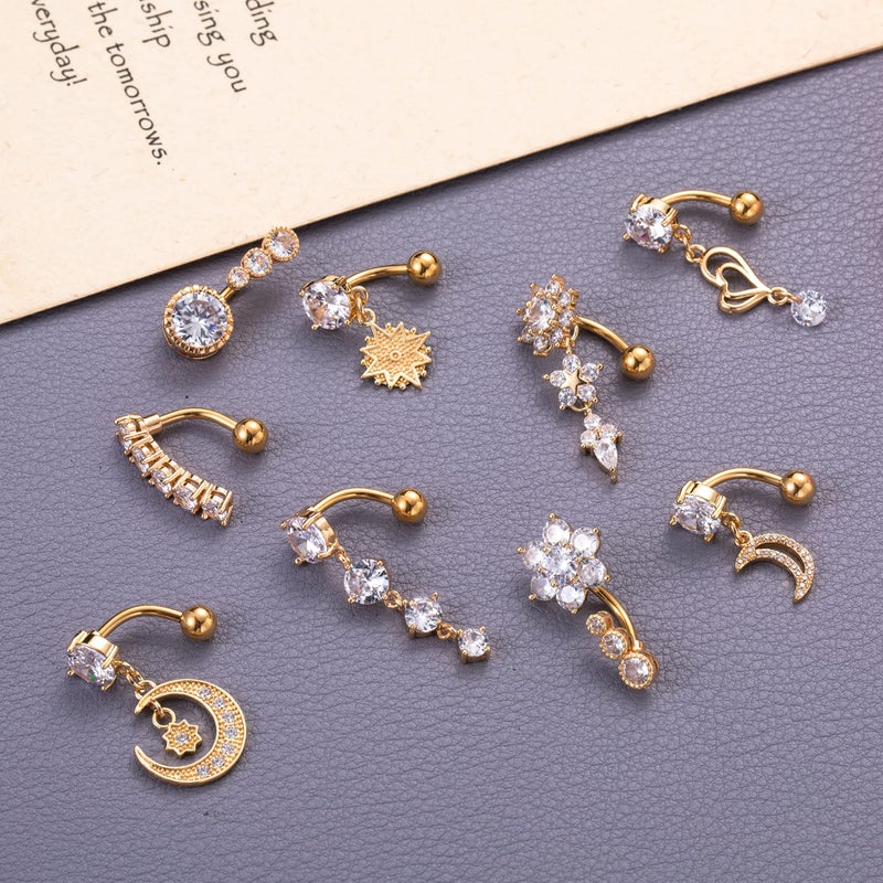 Masedy 9Pcs 14G Stainless Steel Dangle Belly Rings for Women Reverse Navel Rings Curved Barbell Body Piercing Jewelry Gold - Image 2