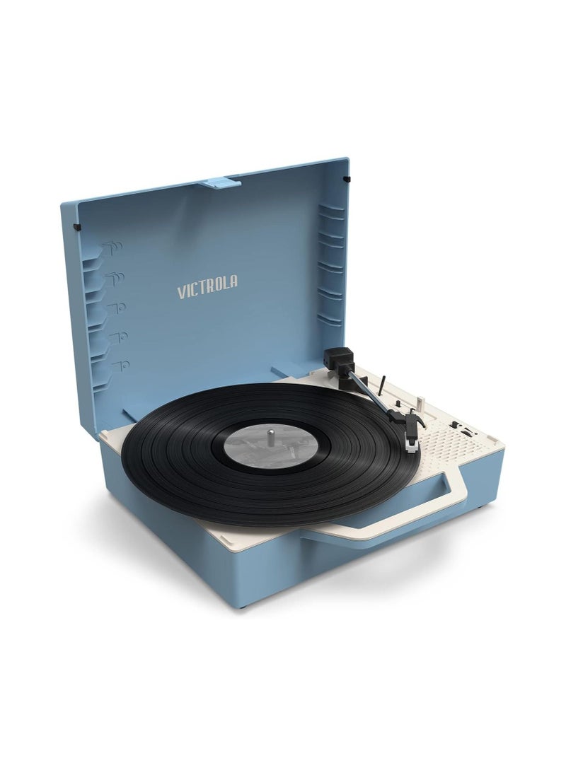 VICTROLA - Victrola Re-Spin Sustainable Suitcase Record Player with Built in Bluetooth Speakers 3 Speed Belt Driven Turntable Built-in Bass Radiator 3.5mm Headphone Jack Light Blue - Image 1