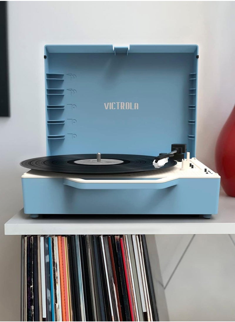 VICTROLA - Victrola Re-Spin Sustainable Suitcase Record Player with Built in Bluetooth Speakers 3 Speed Belt Driven Turntable Built-in Bass Radiator 3.5mm Headphone Jack Light Blue - Image 1