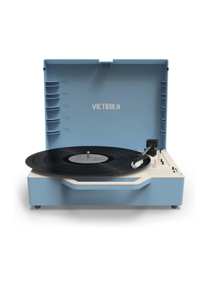 VICTROLA - Victrola Re-Spin Sustainable Suitcase Record Player with Built in Bluetooth Speakers 3 Speed Belt Driven Turntable Built-in Bass Radiator 3.5mm Headphone Jack Light Blue - Image 1