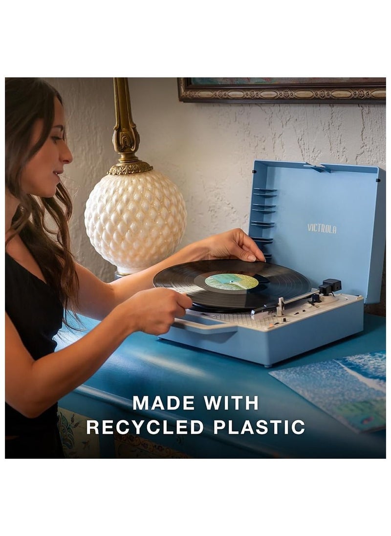 VICTROLA - Victrola Re-Spin Sustainable Suitcase Record Player with Built in Bluetooth Speakers 3 Speed Belt Driven Turntable Built-in Bass Radiator 3.5mm Headphone Jack Light Blue - Image 1