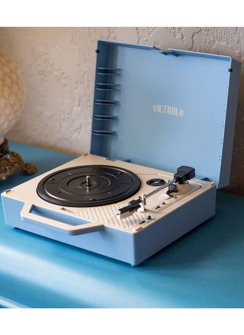 VICTROLA - Victrola Re-Spin Sustainable Suitcase Record Player with Built in Bluetooth Speakers 3 Speed Belt Driven Turntable Built-in Bass Radiator 3.5mm Headphone Jack Light Blue - Image 1