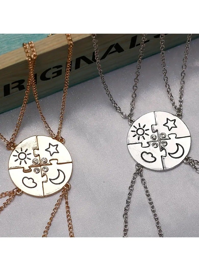 Goolsky 4 Pcs/set Round Sun Star Moon Pendant Necklace – Fashion Best Friend Forever Friendship BFF For Men And Women Charm Choker, Sun Moon Cloud And Star Inlaid Rhinestone, 4-Piece Matching Set - Image 4