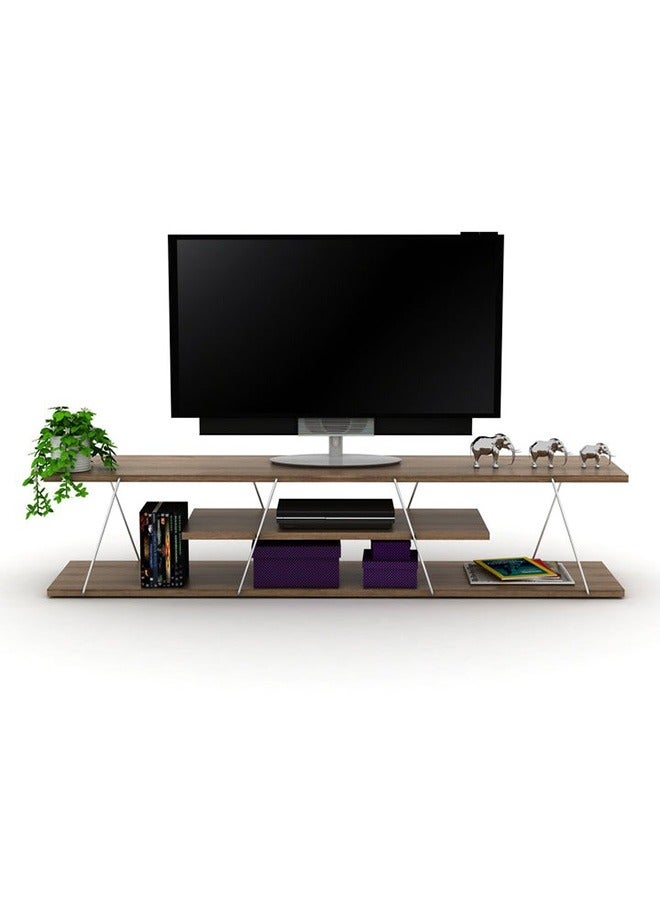 هوم كانافاس Home Canvas Tars Modern TV Stand for Living Room, TV Unit Media Easy Assembly (143cmX32cmX31cm)- Walnut and Chrome - Image 1