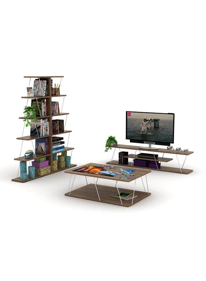 هوم كانافاس Home Canvas Tars Modern TV Stand for Living Room, TV Unit Media Easy Assembly (143cmX32cmX31cm)- Walnut and Chrome - Image 2