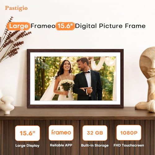 Pastigio Digital Picture Frame Frameo, Large 15.6 Inch Digital Photo Frame, WiFi Electric Frame, 1920 * 1080 IPS FHD Touchscreen, 32GB, Tabletop&Wall-Mounted, Share Video Picture, Gifts for Mom, Black Walnut - Image 2