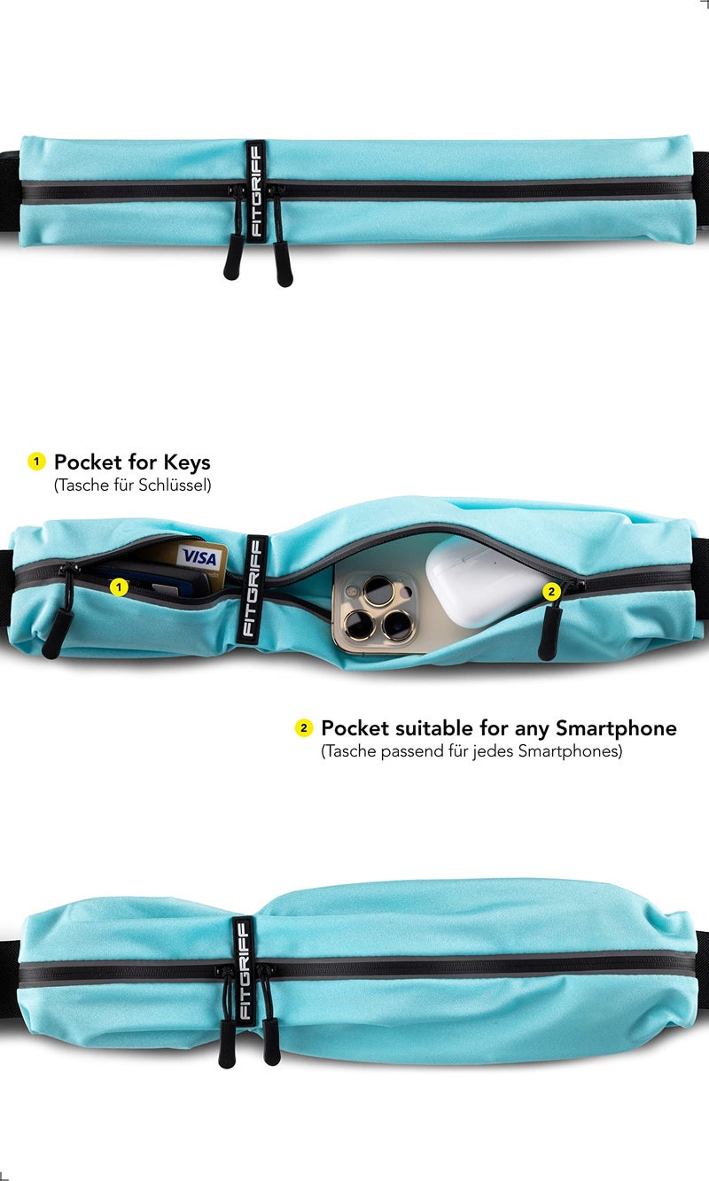 Fitgriff® Running Belt for Men & Women - Secure Jogging Pouch for Phone, Keys & Essentials - For All Cell Phones, (Cyan, 24.5" - 35.5" Waist Size) - Image 2