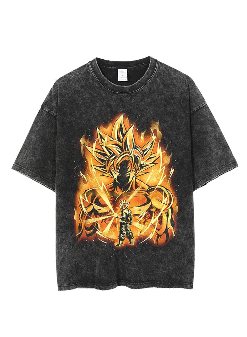 Washed Retro T-shirt Street Hip Hop Anime Dragon Ball Cartoon Print Casual Cotton Summer Short Sleeve - Image 1