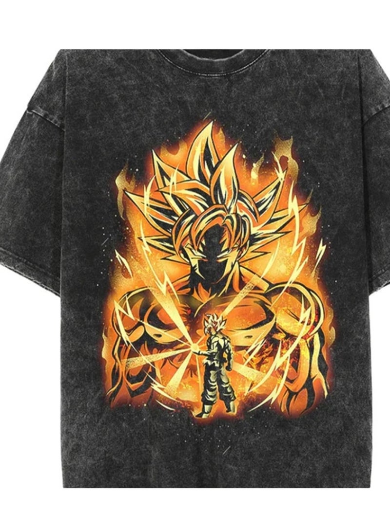 Washed Retro T-shirt Street Hip Hop Anime Dragon Ball Cartoon Print Casual Cotton Summer Short Sleeve - Image 4