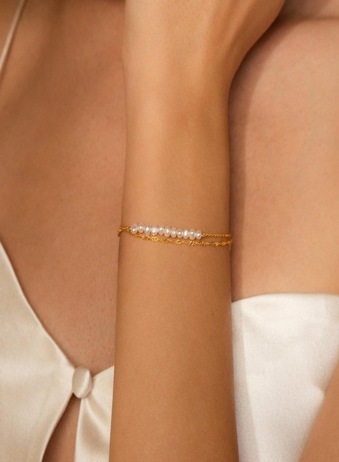 SLOONG Gold Bracelets for Women Trendy, 14K Real Gold Plated Dainty Stackable Pearl Snake Chain CZ Heart Pendant Bracelets, Layered Waterproof Jewelry Gift for Women Adjustable 6"+2", 6, no gemstone - Image 3