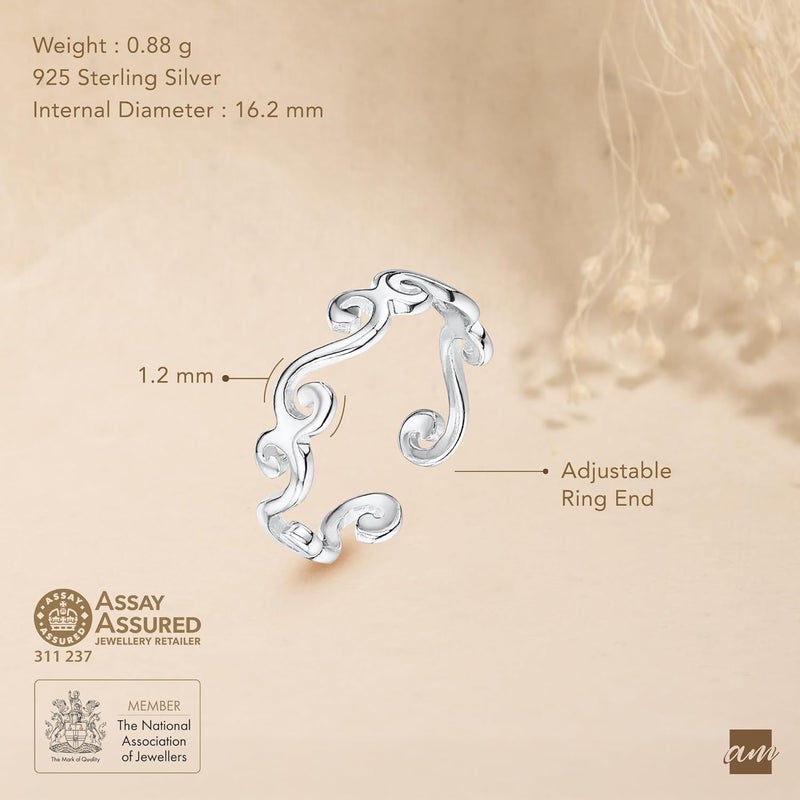Amberta Adjustable 925 Sterling Silver Toe Ring for Women | Wave Hearts Flower Dolphin Crown Leaf Boho Foot Jewelry - Image 4