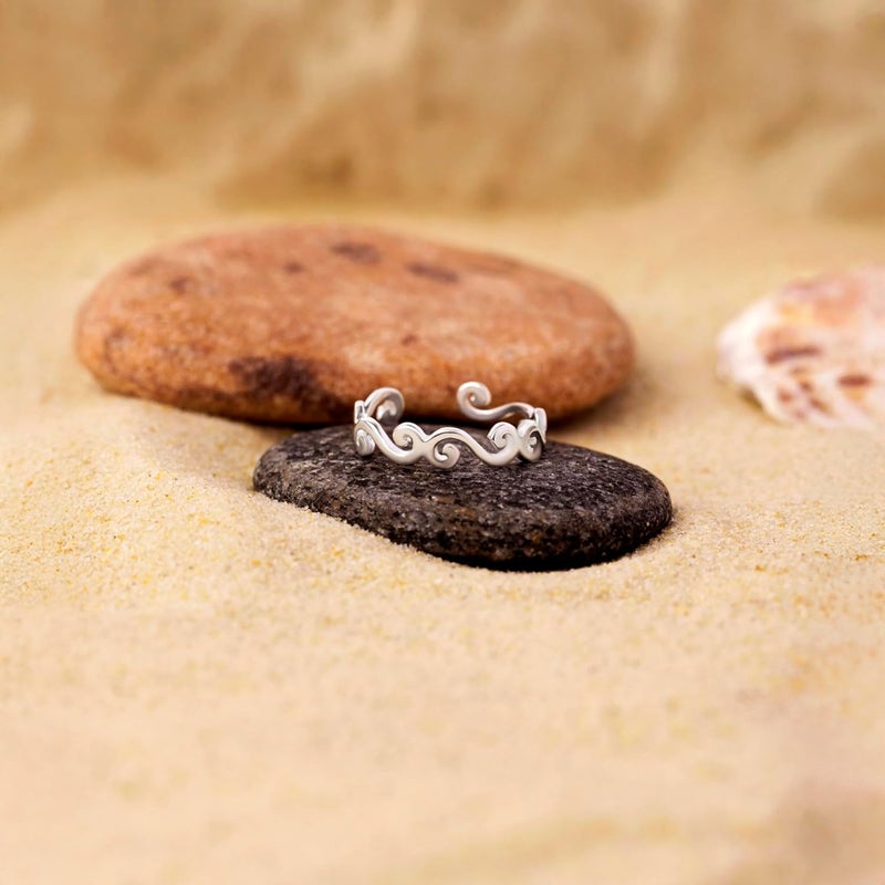 Amberta Adjustable 925 Sterling Silver Toe Ring for Women | Wave Hearts Flower Dolphin Crown Leaf Boho Foot Jewelry - Image 3