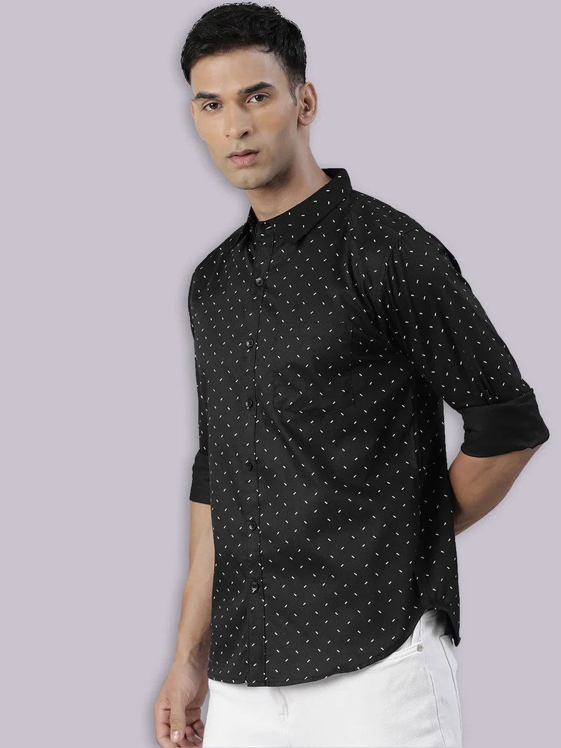 Joven Black Printed Cotton Casual Shirt for Men