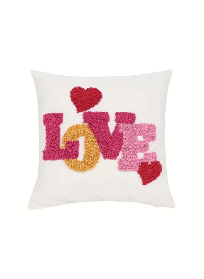 Romantic Heart Shaped Embroidered Throw Pillow Cover Pink I Love You Design 18x18 Inch - Image 1