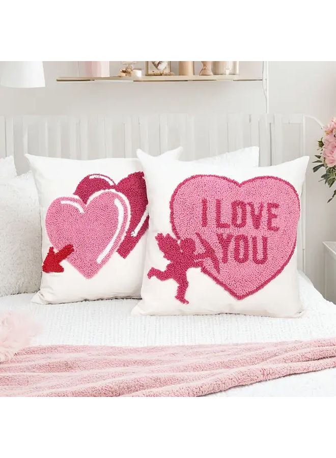 Romantic Heart Shaped Embroidered Throw Pillow Cover Pink I Love You Design 18x18 Inch - Image 2