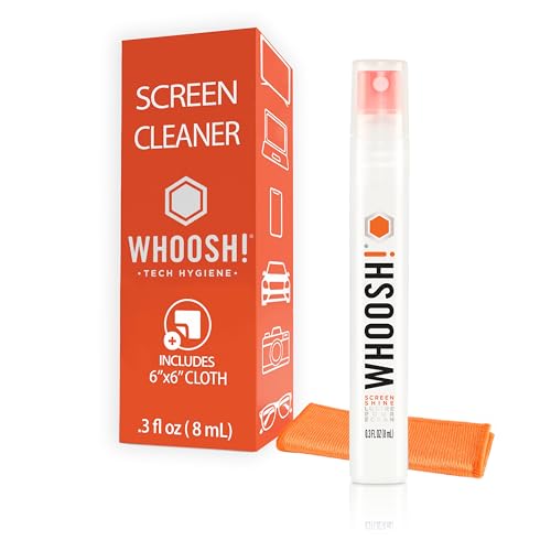 WHOOSH! منظف شاشة محمول 0.3 أونصة سائلة – منظف قوي لشاشة الكمبيوتر للسيارة، اللابتوب، الهاتف والنظارات – رذاذ منظف شاشة خالي من الخطوط ومسح، زجاجة أنيقة خالية من التسرب مع قطعة قماش ميكروفايبر - Image 1