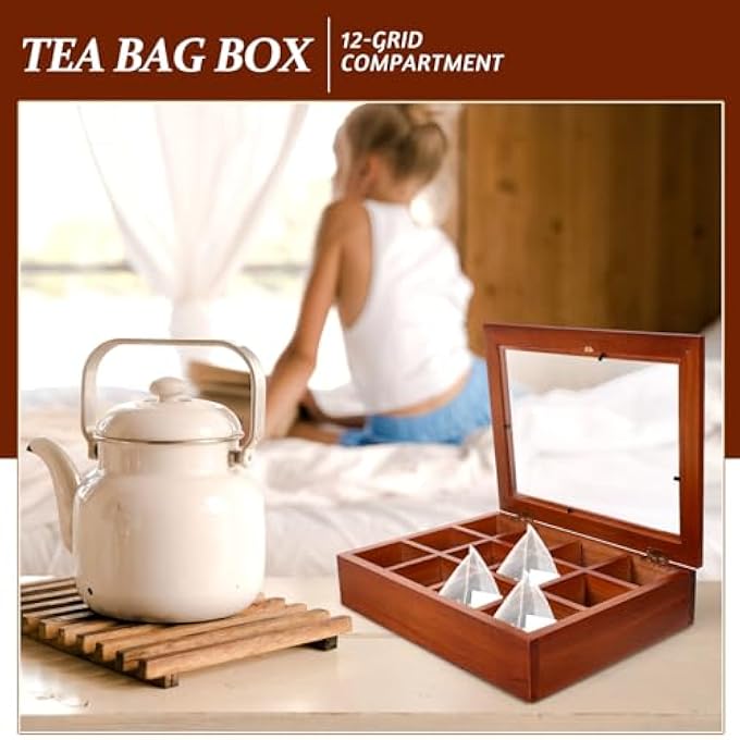 Amosfun Wooden Tea Box Organizer 12 Compartments Tea Storage Box Chest Tea Bag Holder Rack Storage Container Tea For Coffee Tea Sugar Sweeteners Drink Packets - Image 4