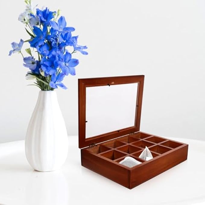 Amosfun Wooden Tea Box Organizer 12 Compartments Tea Storage Box Chest Tea Bag Holder Rack Storage Container Tea For Coffee Tea Sugar Sweeteners Drink Packets - Image 3