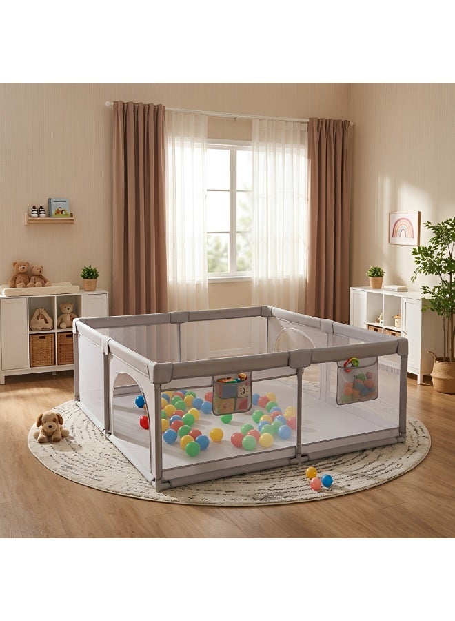 ORIONMAX Baby Playpen for Babies & Toddlers, Extra Large Baby Play Yard with 50 Balls, Safety Baby Fence Play Area, Portable Playpen with Breathable Mesh, Non-Slip Suction Cups for Indoor & Outdoor (Grey, 120x120cm) - Image 1