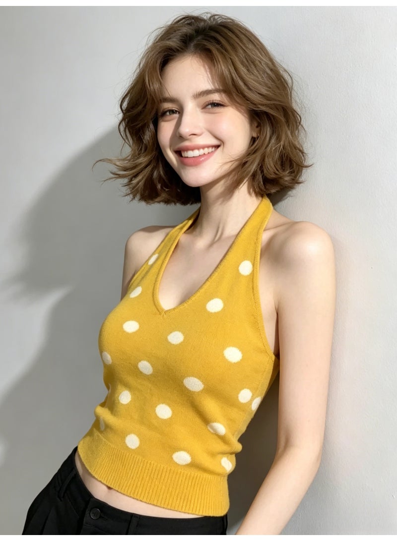 ZARA Women’s Yellow Polka Dot V-Neck Halter Knit Crop Tank Top - Image 1