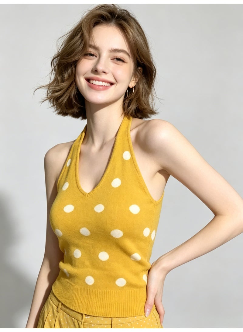 ZARA Women’s Yellow Polka Dot V-Neck Halter Knit Crop Tank Top - Image 4