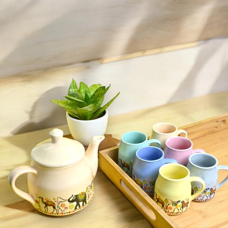 Meraki Mix Pure Ceramic Pastel Flask Microwave| Dishwasher Safe | Tea Cups Set of 6 with Kettle Morning Set | Ideal Gift for Birthday | Anniversary Family | (1 Kettle + 6 Tea Cups Multicolor) - Image 3