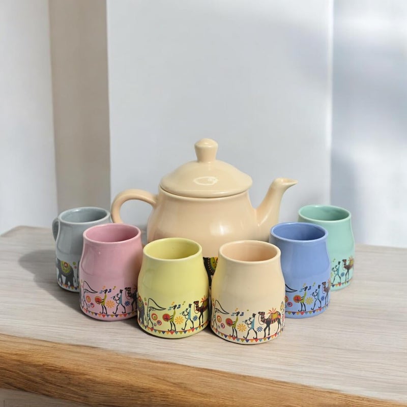 Meraki Mix Pure Ceramic Pastel Flask Microwave| Dishwasher Safe | Tea Cups Set of 6 with Kettle Morning Set | Ideal Gift for Birthday | Anniversary Family | (1 Kettle + 6 Tea Cups Multicolor) - Image 2