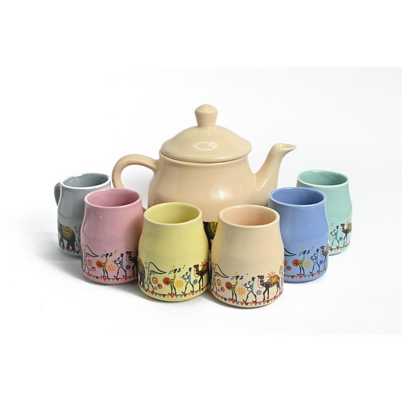 Meraki Mix Pure Ceramic Pastel Flask Microwave| Dishwasher Safe | Tea Cups Set of 6 with Kettle Morning Set | Ideal Gift for Birthday | Anniversary Family | (1 Kettle + 6 Tea Cups Multicolor) - Image 1