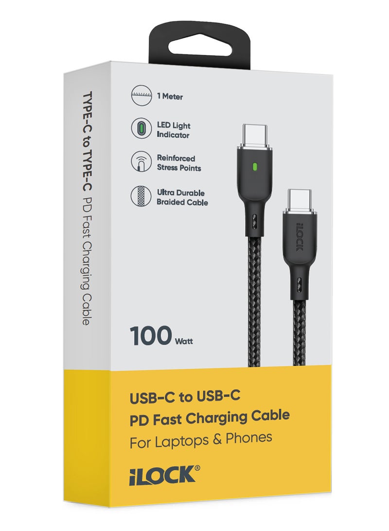 iLOCK Fast Charging Cable 100 Watt USB-C to Type-C | Braided Cable | Green LED Indicator - Image 1