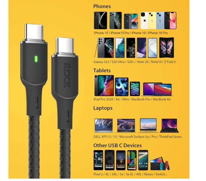 iLOCK Fast Charging Cable 100 Watt USB-C to Type-C | Braided Cable | Green LED Indicator - Image 3