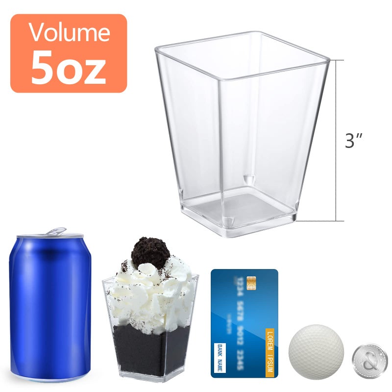 SHOPDAY 5 oz Plastic Dessert Cups 50 Pack Small Clear Square Parfait Cups with Spoons  Mini Plastic Tumbler Serving Cups for Tasting Party Appetizers Mousse Yogurt - Image 2