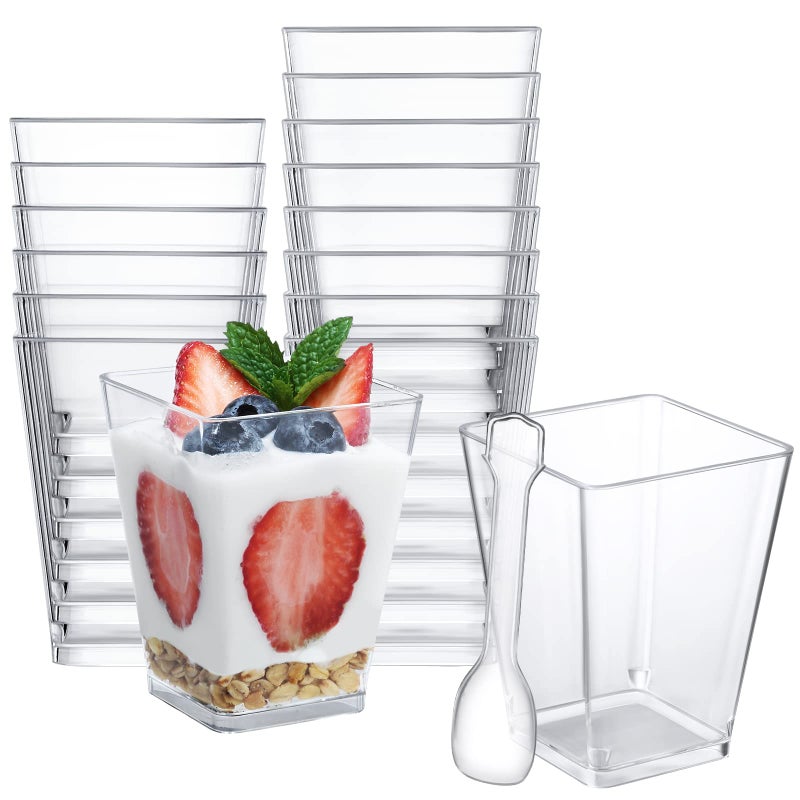 SHOPDAY 5 oz Plastic Dessert Cups 50 Pack Small Clear Square Parfait Cups with Spoons  Mini Plastic Tumbler Serving Cups for Tasting Party Appetizers Mousse Yogurt - Image 1