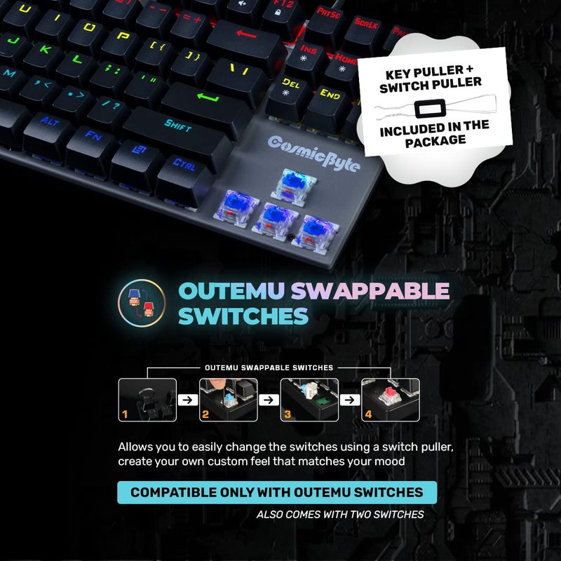Cosmic Byte لوحة مفاتيح ميكانيكية CB-GK-25 باندورا TKL مع مفاتيح أوتيمو زرقاء قابلة للتبديل وإضاءة LED قوس قزح (أسود/رمادي) - Image 3