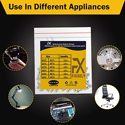 FIXXELY Cone Point Set Screws 48 Pcs (M3,M4,M5,M6) Hex Head - Metric 304 Stainless Steel Grub Screws Assorted Sizes Ideal for Home Repairs, Bathroom Fixtures and More - Image 2