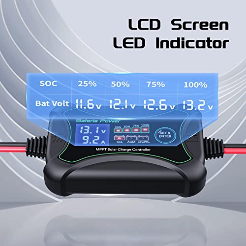 Bateria Power 10Amp 12 Volt MPPT Solar Charge Controller, Bateria Power Intelligent Portable Solar Panel Controller, Max PV 150W 30Voc Solar Regulator for Gel AGM Lead-Acid, Lithium LiFePO4 Battery (SunRock 10) - Image 4