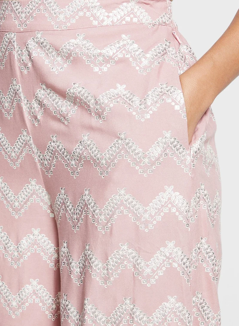 indya Blush Foil Straight Palazzo Pants with Pockets